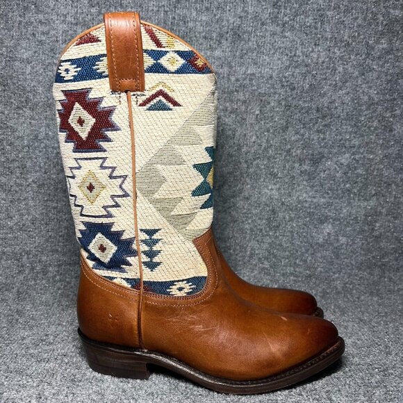 Frye Billy Pull On Southwest Womens $378 Brown Leather Embroidered Boots sz 6 B - Picture 1 of 10